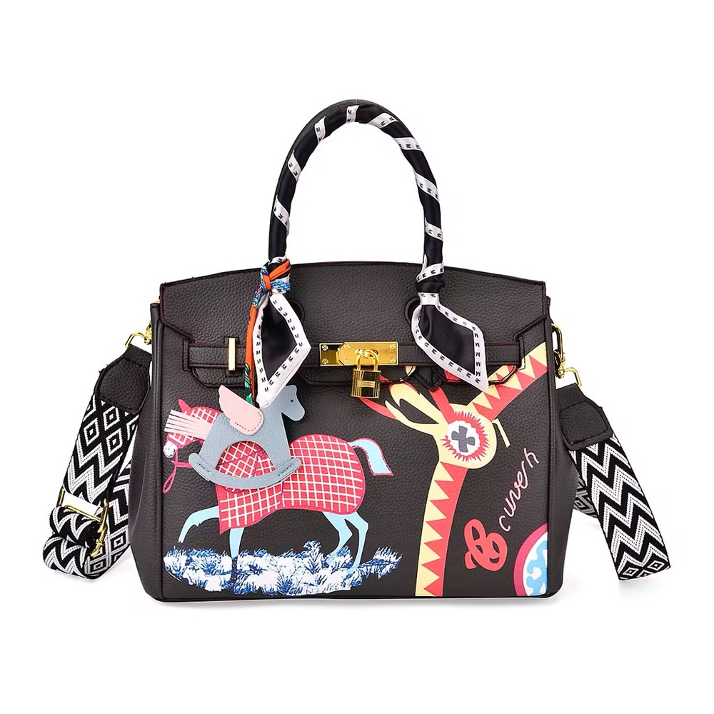 Stylish Black Designer Handbag with Colorful Print